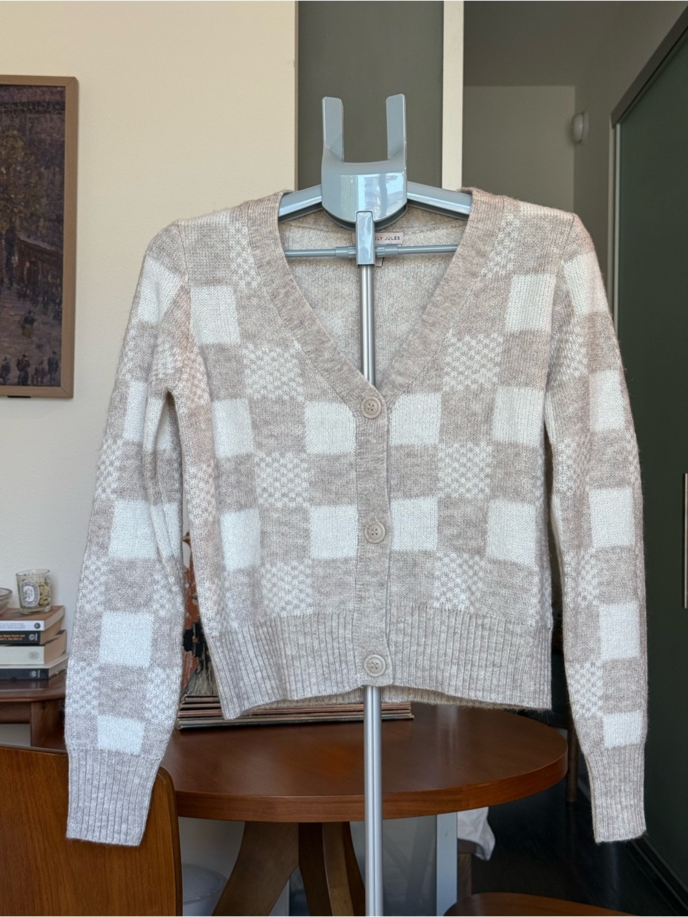 Sincerely Jules - Beige and Cream Checkered V-Neck Button Cardigan Sweater